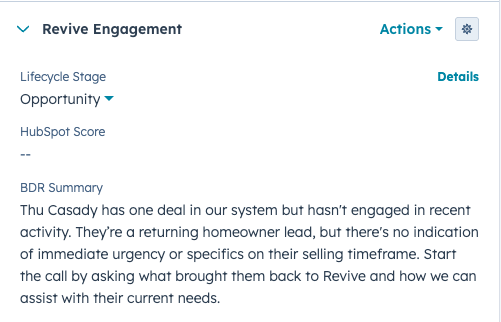 AI-generated BDR summary on HubSpot contact record